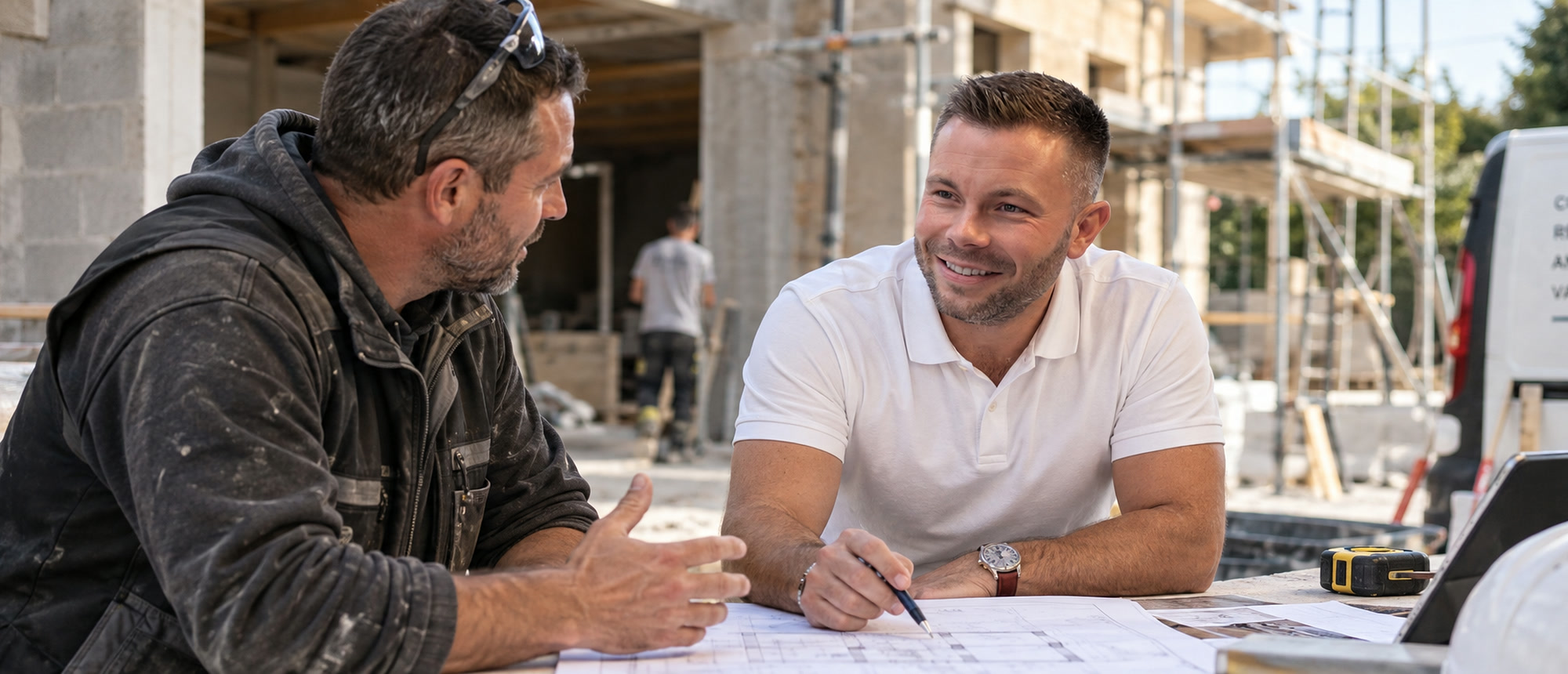 Mathieu Morel sur un chantier, penché sur les plans avec un artisan