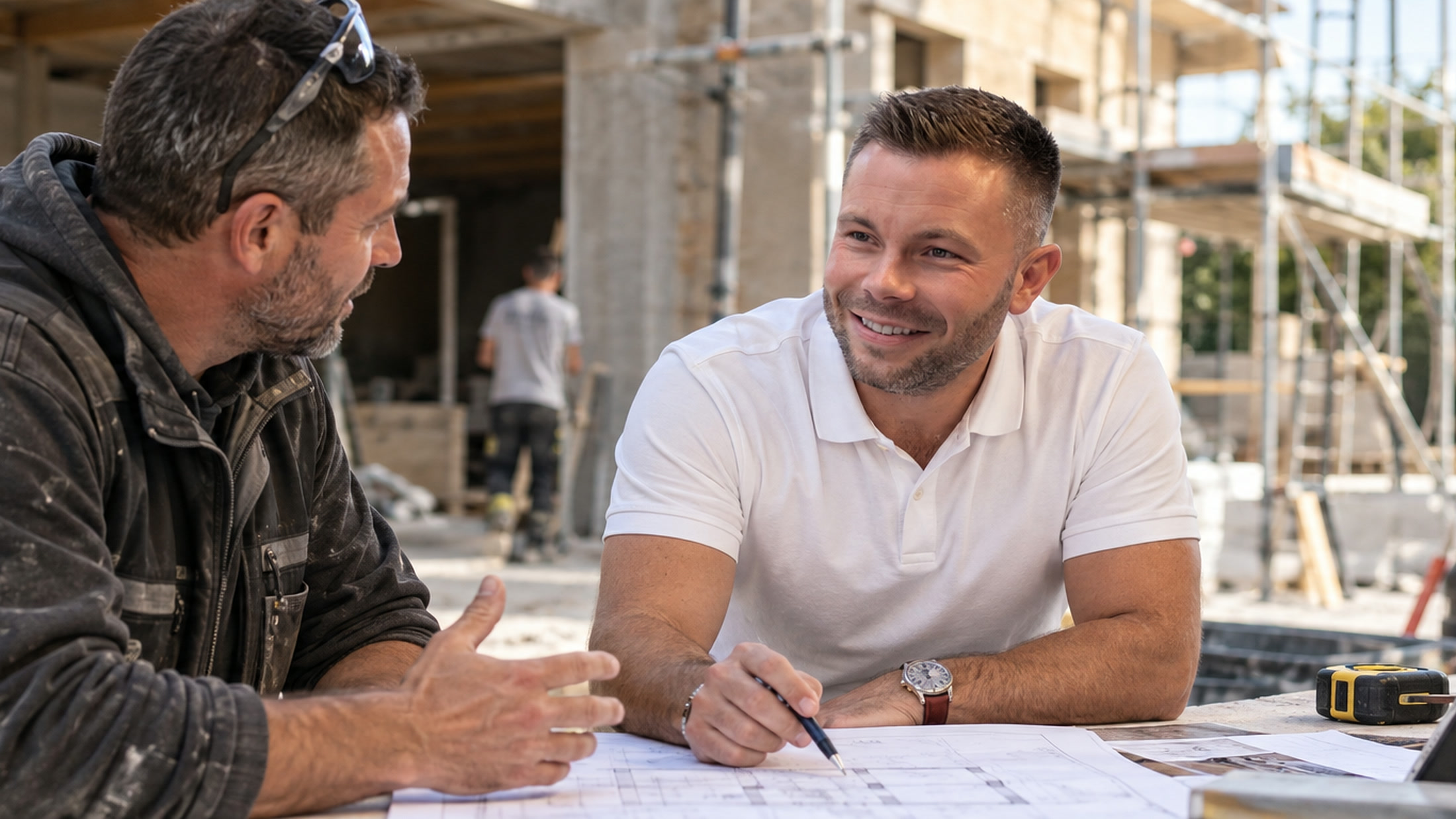 Mathieu Morel sur un chantier, penché sur les plans avec un artisan